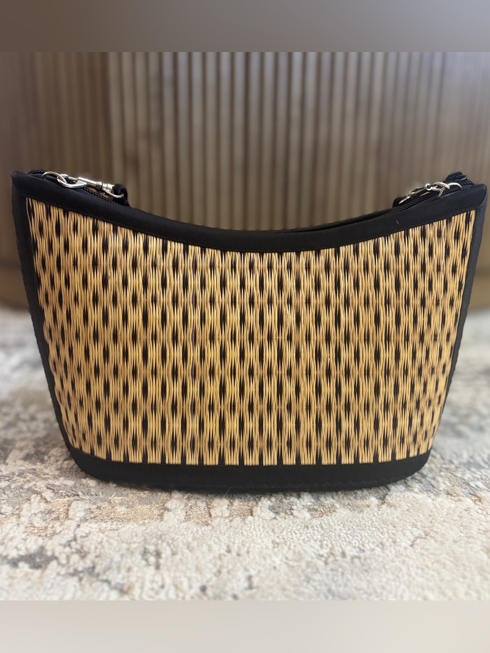 Baskets of Cambodia Woven Bamboo Shoulder Bag Black Tan Curved Avi Purse Eco